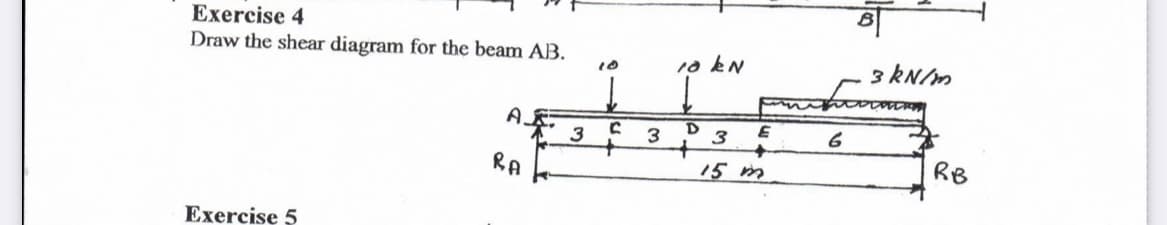 Exercise 4
Draw the shear diagram for the beam AB.
1a kn
3 KNIM
10
A.
3
RB
RA
15 m
Exercise 5

