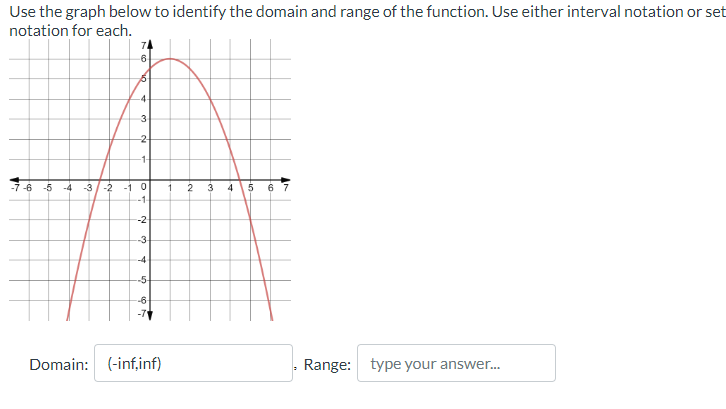 Use the graph below to identify the domain and range of the function. Use either interval notation or set
notation for each.
6
5
-4-
3
-2
-1-
-7-6 -5 -4 -3 -2 -1 0
-1-
-2
-3
-4
-5
-6-
Domain: (-inf,inf)
1
2
3
4
OF
5
6 7
P
Range: type your answer...