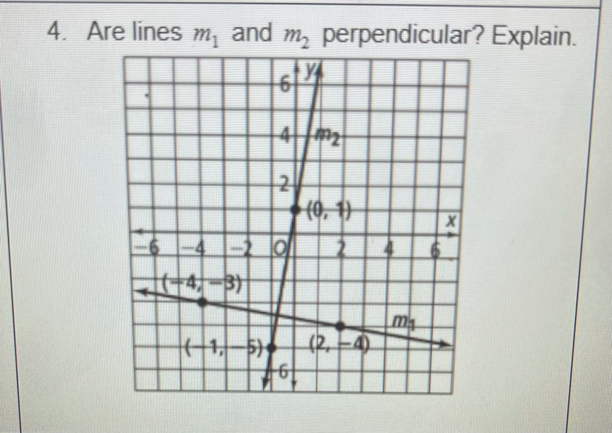 4. Are lines m,
and
m, perpendicular? Explain.
(0, 1)
m
(2-4
+1,-5)
4,
