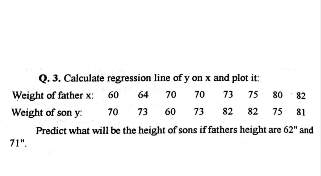 Q. 3. Calculate regression line of y on x and plot it:
Weight of father x:
60
64
70
70
73
75
80
82
Weight of son y:
70
73
60
73
82
82
75
81
Predict what will be the height of sons if fathers height are 62" and
71".
