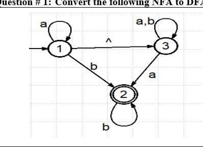 Question # 1: Convert the following NFA to DF
a
8
1
b
A
b
2
**********
a,b
a
S
3
