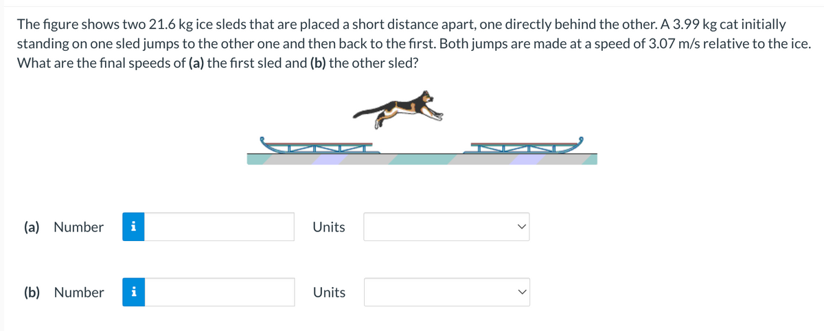 The figure shows two 21.6 kg ice sleds that are placed a short distance apart, one directly behind the other. A 3.99 kg cat initially
standing on one sled jumps to the other one and then back to the first. Both jumps are made at a speed of 3.07 m/s relative to the ice.
What are the final speeds of (a) the first sled and (b) the other sled?
(a) Number
(b) Number i
Units
Units
SD