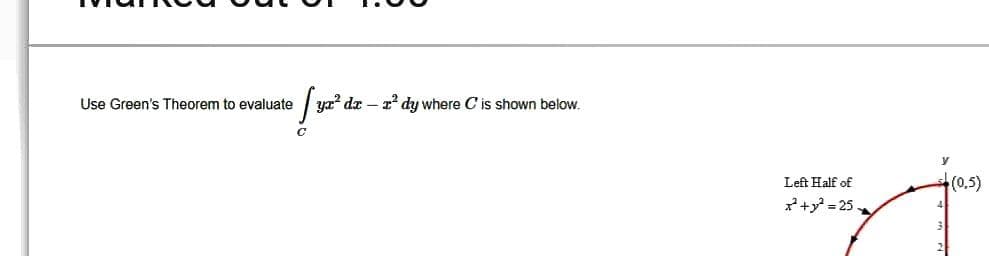 Use Green's Theorem to evaluate
yz? dr – z* dy where C is shown below.
Left Half of
(0,5)
* +y = 25.
