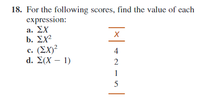 18. For the following scores, find the value of cach
expression:
a. ΣΧ
b. Σχ2
c. (EX)²
d. Σ(Χ-1)
4
2
1
5

