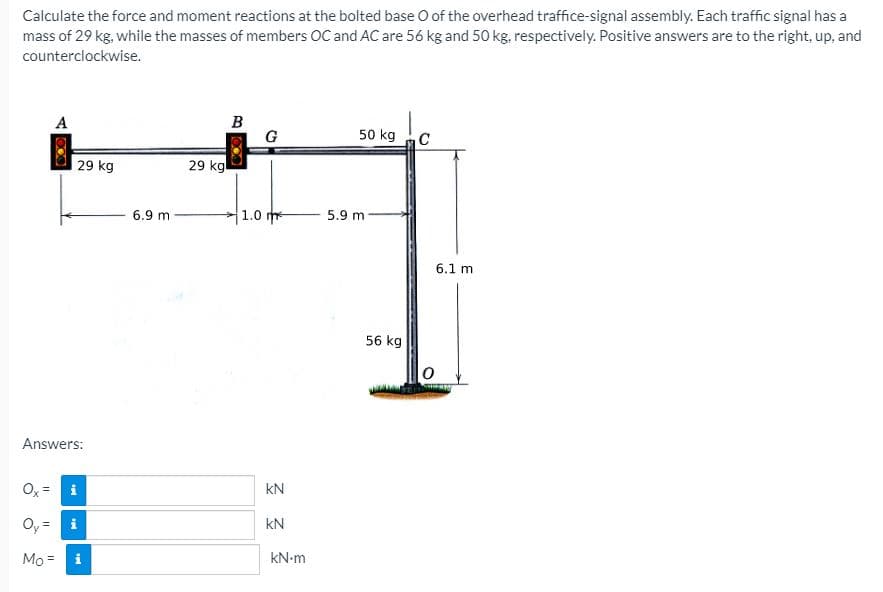 Calculate the force and moment reactions at the bolted base O of the overhead traffice-signal assembly. Each traffic signal has a
mass of 29 kg, while the masses of members OC and AC are 56 kg and 50 kg, respectively. Positive answers are to the right, up, and
counterclockwise.
B
G
A
50 kg c
| 29 kg
29 kg
6.9 m
1.0
5.9 m-
6.1 m
56 kg
Answers:
Ox
kN
Oy =
kN
Mo = i
kN-m
