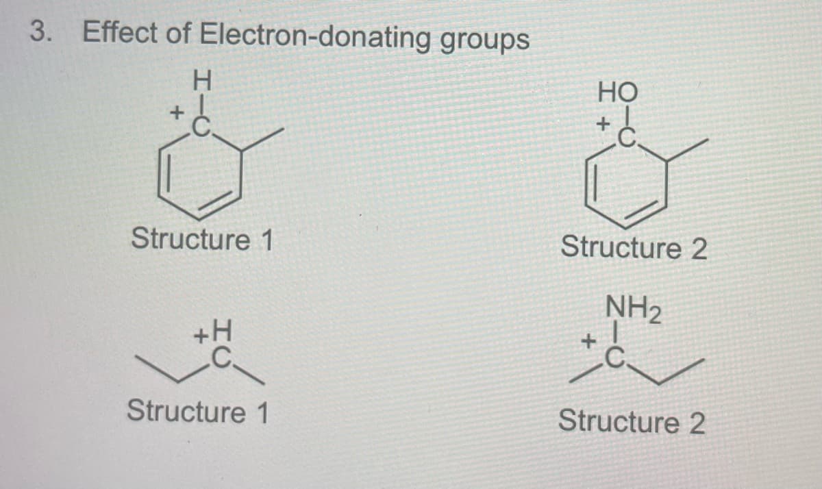 3. Effect of Electron-donating groups
H.
Но
Structure 1
Structure 2
NH2
+H
+
.C.
Structure 1
Structure 2
