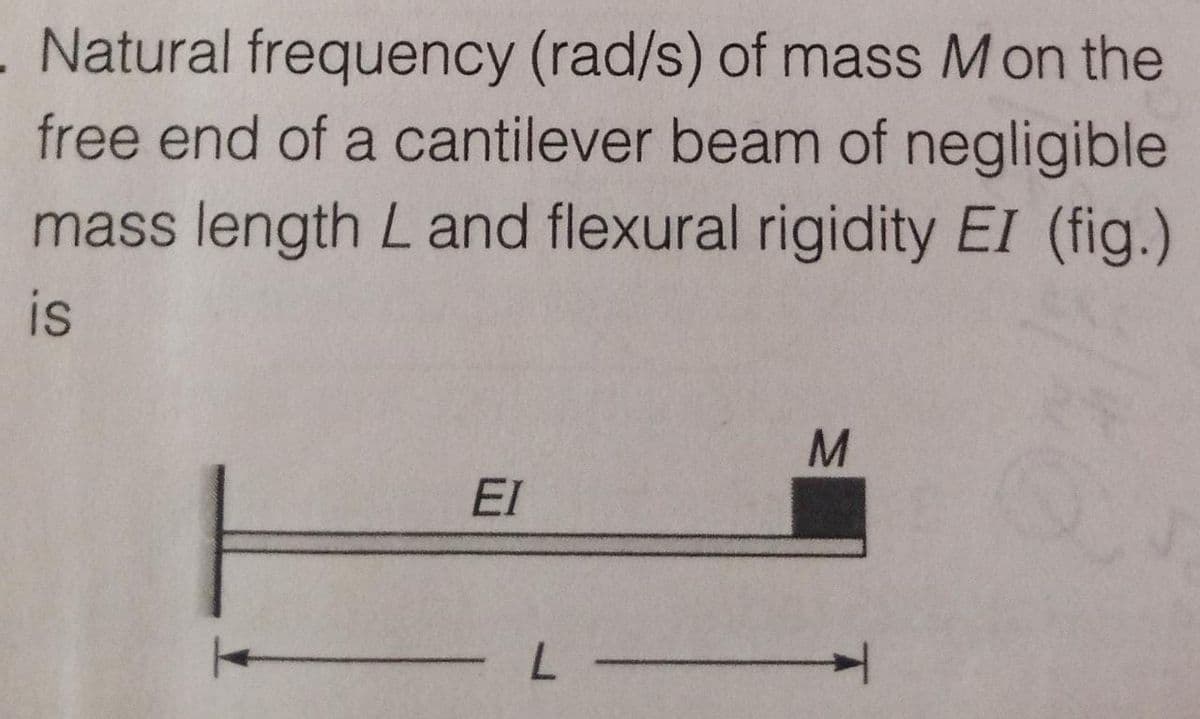 - Natural frequency (rad/s) of mass Mon the
free end of a cantilever beam of negligible
mass length L and flexural rigidity EI (fig.)
is
EI
