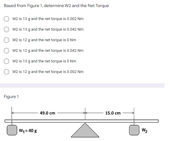 Based from Figure 1, determine W2 and the Net Torque
W2 is 13 g and the net torque is 0.002 Nm
W2 is 13 g and the net torque is 0.042 Nm
W2 is 12 g and the net torque is 0 Nm
W2 is 12 g and the net torque is 0.042 Nm
W2 is 13 g and the net torque is 0 Nm
W2 is 12 g and the net torque is 0.002 Nm
49.0 cm
Figure 1
W₁ = 40 g
15.0 cm
W₂