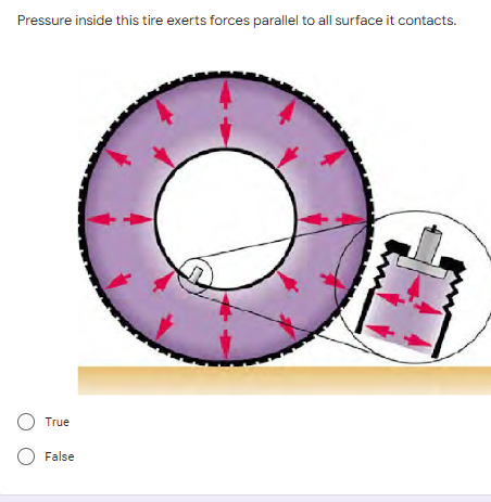 Pressure inside this tire exerts forces parallel to all surface it contacts.
O True
O False
