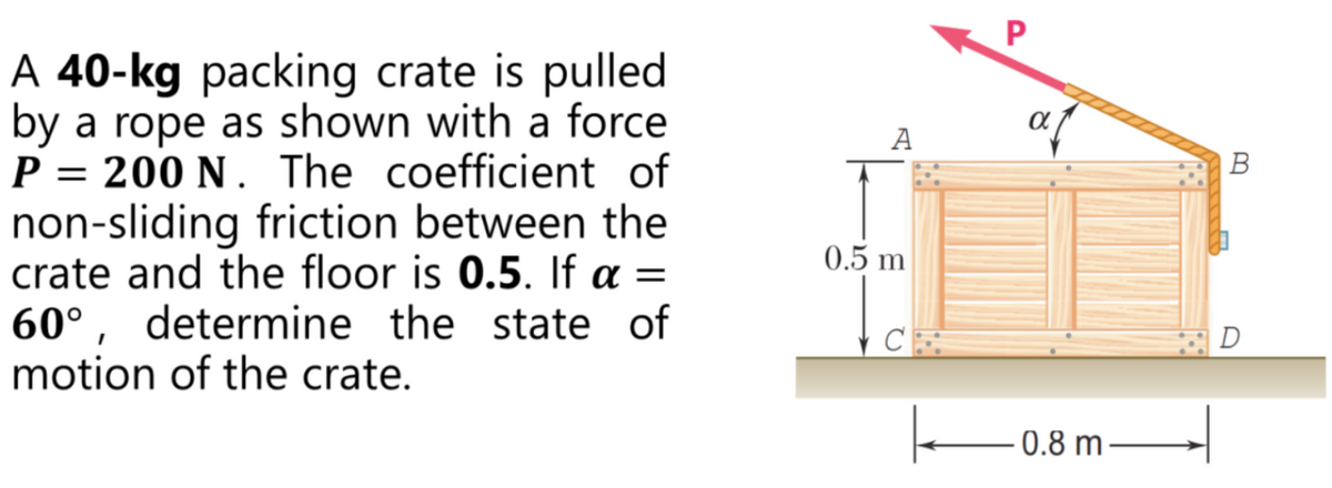 A 40-kg packing crate is pulled
by a rope as shown with a force
P = 200 N . The coefficient of
non-sliding friction between the
crate and the floor is 0.5. If a =
60° , determine the state of
motion of the crate.
af
А
В
0.5 m
C
D
0.8 m
