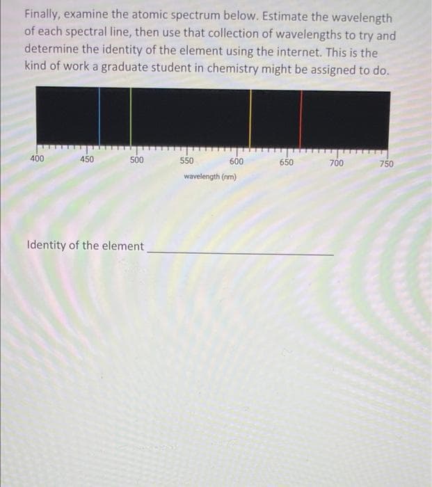 Finally, examine the atomic spectrum below. Estimate the wavelength
of each spectral line, then use that collection of wavelengths to try and
determine the identity of the element using the internet. This is the
kind of work a graduate student in chemistry might be assigned to do.
400
450
500
550
600
650
700
750
wavelength (nm)
Identity of the element
