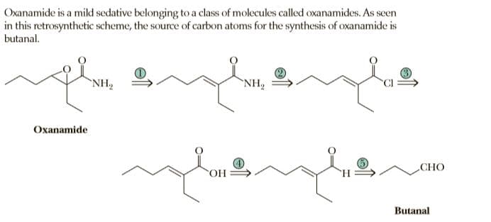 Oxanamide is a mild sedative belonging to a class of molecules called oxanamides. As seen
in this retrosynthetic scheme, the source of carbon atoms for the synthesis of oxanamide is
butanal.
NH,
`NH,
Oxanamide
СНО
Butanal
