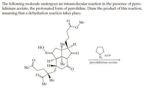 The following molecule undergoes an intramolecular reaction in the presence of pyrro-
lidinium acetate, the protonated form of pyrrolidine. Draw the product of this reaction,
assuming that a dehydration reaction takes place.
Me
Me
Но
N:
'N'
AcO
Ме
pyrrolidinium acetate
Me
Me
Me
