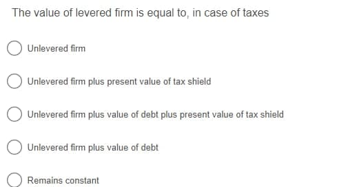 The value of levered firm is equal to, in case of taxes
Unlevered firm
Unlevered firm plus present value of tax shield
Unlevered firm plus value of debt plus present value of tax shield
O Unlevered firm plus value of debt
Remains constant
