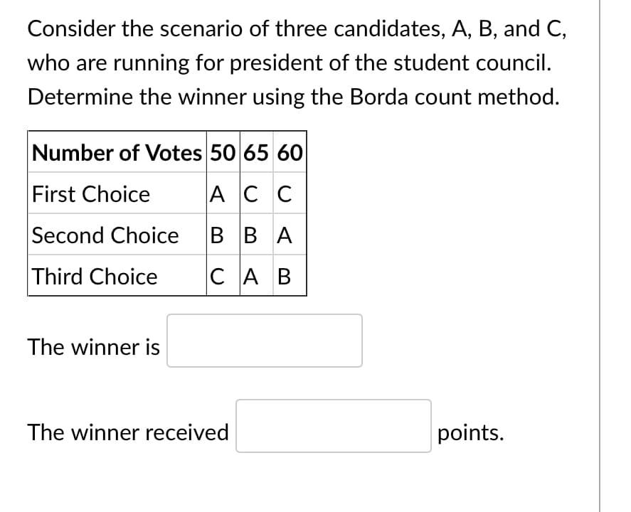 Consider the scenario of three candidates, A, B, and C,
who are running for president of the student council.
Determine the winner using the Borda count method.
Number of Votes 50 65 60
First Choice
AC C
Second Choice BBA
Third Choice
CAB
The winner is
The winner received
points.
