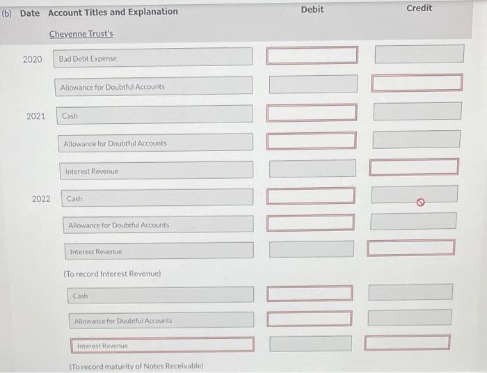 Debit
Credit
(b) Date Account Titles and Explanation
Cheyenne Trust's
2020
Bad Debt Expense
Allowance for Doubtful Accounts
2021
Cash
Allowance for Doubtful Accounts
Interest Revenue
2022
Cash
Allowance for Doubtful Accounts
Interest Revenue
(To record Interest Revenue)
Cash
Allowance for Doubtful Accounts
Interest Revenue
(To record maturity of Notes Receivable)
