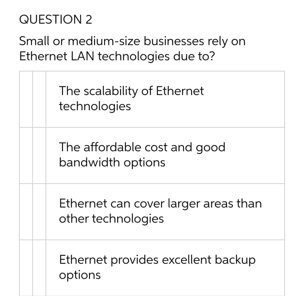 QUESTION 2
Small or medium-size businesses rely on
Ethernet LAN technologies due to?
The scalability of Ethernet
technologies
The affordable cost and good
bandwidth options
Ethernet can cover larger areas than
other technologies
Ethernet provides excellent backup
options
