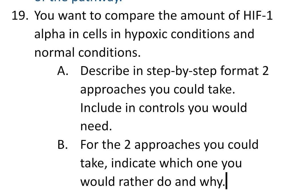 19. You want to compare the amount of HIF-1
alpha in cells in hypoxic conditions and
normal conditions.
A. Describe in step-by-step format 2
approaches you could take.
Include in controls you would
need.
B. For the 2 approaches you could
take, indicate which one you
would rather do and why.
