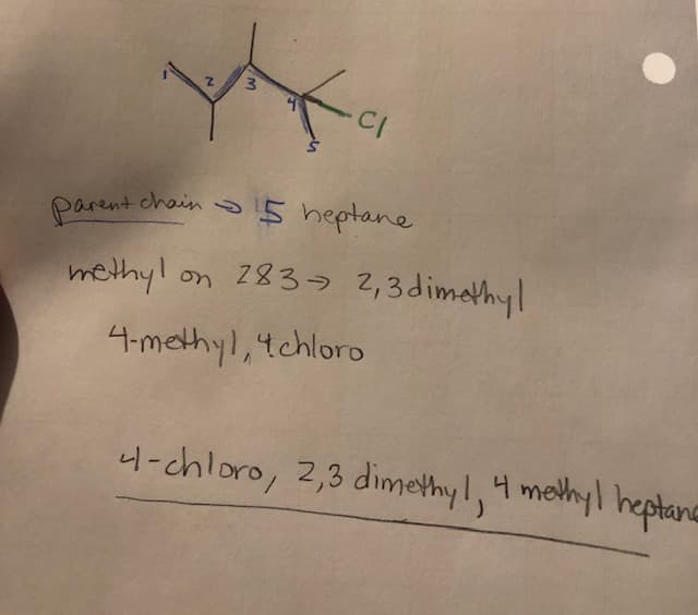 parent chain 5 heptane
methyl on 283> 2,3dimethyl
4-methyl, 4chloro
4-chloro, 2,3 dimethyl, 4 melhyl heptana
