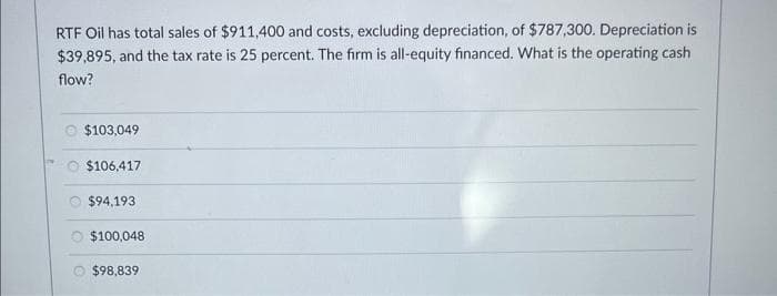 RTF Oil has total sales of $911,400 and costs, excluding depreciation, of $787,300. Depreciation is
$39,895, and the tax rate is 25 percent. The firm is all-equity financed. What is the operating cash
flow?
$103,049
$106,417
$94,193
$100,048
$98,839