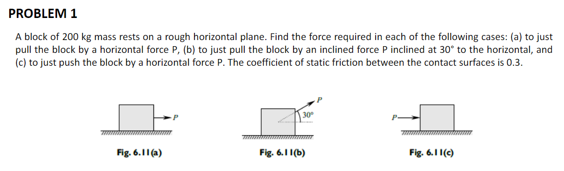 PROBLEM 1
A block of 200 kg mass rests on a rough horizontal plane. Find the force required in each of the following cases: (a) to just
pull the block by a horizontal force P, (b) to just pull the block by an inclined force P inclined at 30° to the horizontal, and
(c) to just push the block by a horizontal force P. The coefficient of static friction between the contact surfaces is 0.3.
30°
Fig. 6.11(a)
Fig. 6.11(b)
Fig. 6.11(c)
