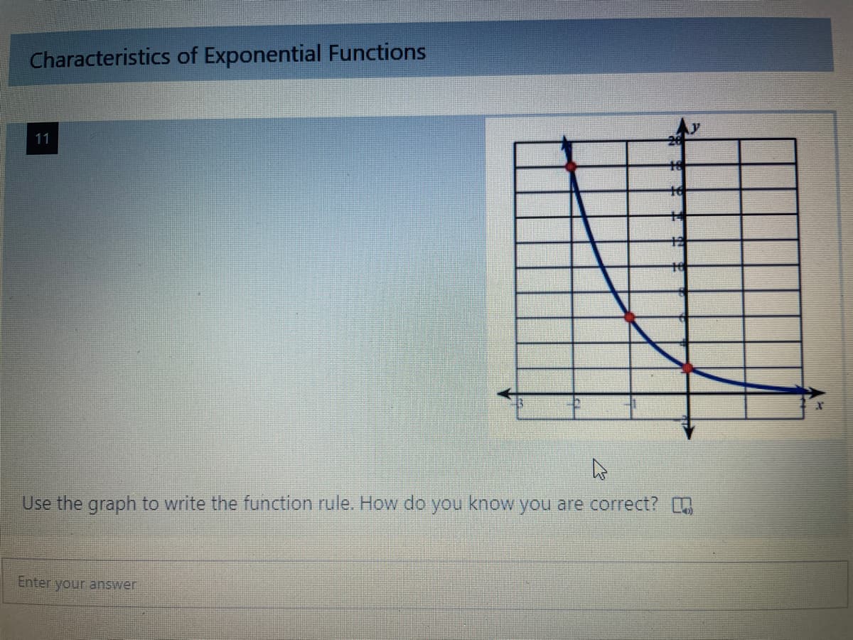 Characteristics of Exponential Functions
11
Use the graph to write the function rule. How do you know you are correct?
Enter your answer
