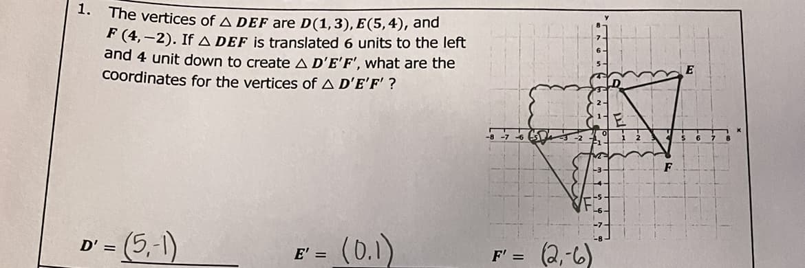 1.
The vertices of A DEF are D(1,3), E(5,4), and
P (4,-2). If A DEF is translated 6 units to the left
and 4 unit down to create A D'E'F', what are the
Coordinates for the vertices of A D'E'F' ?
-8
F
D' = (5,-1)
(0.1)
(2,-6)
E' =
F' =

