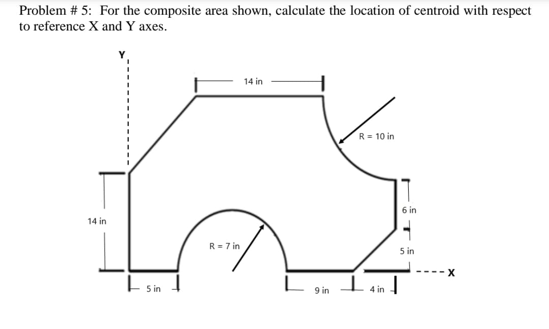 Problem # 5: For the composite area shown, calculate the location of centroid with respect
to reference X and Y axes.
Y
14 in
R = 10 in
6 in
14 in
ㅜ
R = 7 in
5 in
- X
5 in
9 in
4 in
