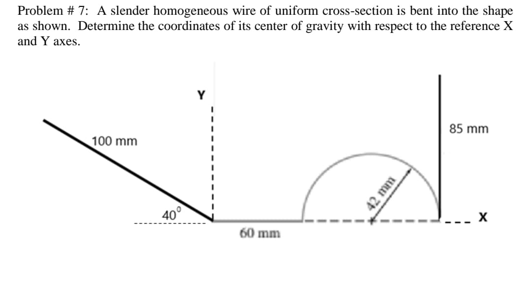 Problem # 7: A slender homogeneous wire of uniform cross-section is bent into the shape
as shown. Determine the coordinates of its center of gravity with respect to the reference X
and Y axes.
Y
85 mm
100 mm
40°
60 mm
