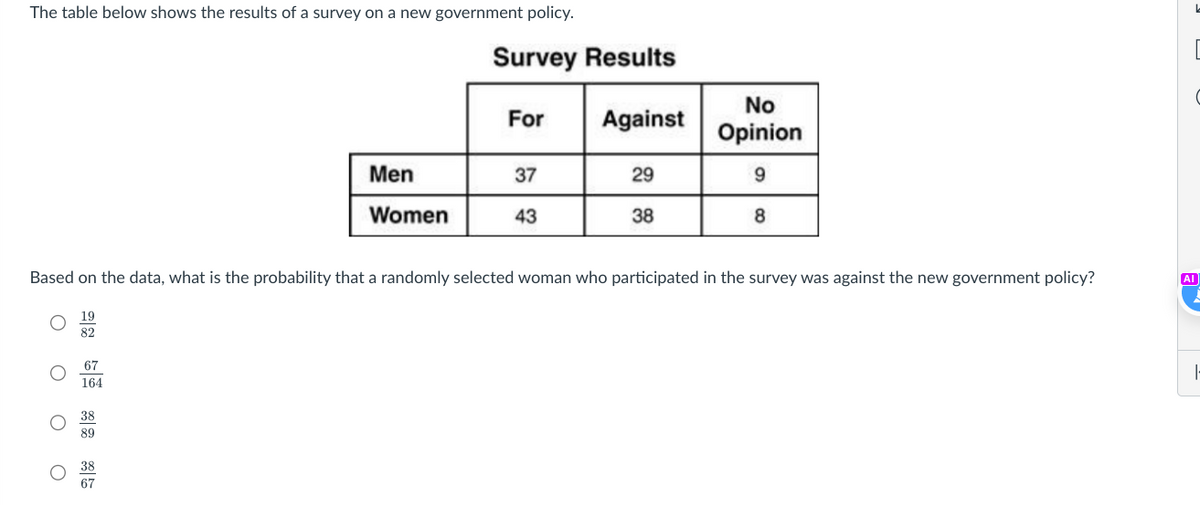 The table below shows the results of a survey on a new government policy.
O
O
O
19
82
67
164
Men
Women
38
89
Survey Results
For
Based on the data, what is the probability that a randomly selected woman who participated in the survey was against the new government policy?
37
43
Against
29
38
No
Opinion
9
8
[
C
AI
|-