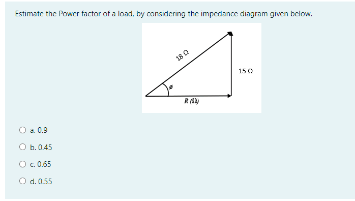 Estimate the Power factor of a load, by considering the impedance diagram given below.
18 0
15 Ω
R (1)
a. 0.9
O b. 0.45
O c. 0.65
O d. 0.55
