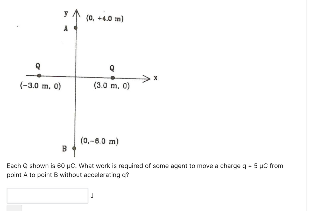 y
(0, +4.0 m)
Q
(-3.0 m, 0)
(3.0 m. 0)
(0,-8.0 m)
B
Each Q shown is 60 µC. What work is required of some agent to move a charge q = 5 µC from
point A to point B without accelerating q?
J
