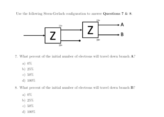 Use the following Stern-Gerlach configuration to answer Questions 7 & 8.
A
В
7. What percent of the initial number of electrons will travel down branch A?
a) 0%
b) 25%
c) 50%
d) 100%
8. What percent of the initial number of electrons will travel down branch B?
a) 0%
b) 25%
c) 50%
d) 100%
