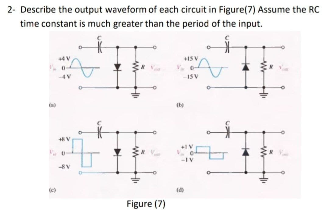 2- Describe the output waveform of each circuit in Figure(7) Assume the RC
time constant is much greater than the period of the input.
+15 V
V 0-
-15 V
+4 V
V 0-
R Vr
-4V
(a)
(b)
+8 V
+1 V
V 0
本
-IV
-8 V
(c)
(d)
Figure (7)
