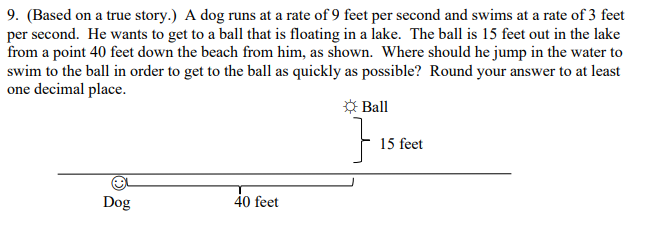 9. (Based on a true story.) A dog runs at a rate of 9 feet per second and swims at a rate of 3 feet
per second. He wants to get to a ball that is floating in a lake. The ball is 15 feet out in the lake
from a point 40 feet down the beach from him, as shown. Where should he jump in the water to
swim to the ball in order to get to the ball as quickly as possible? Round your answer to at least
one decimal place.
O Ball
15 feet
Dog
40 feet
