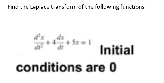 Find the Laplace transform of the following functions
+4
+ 5x-1
di
dt
Initial
conditions are 0
