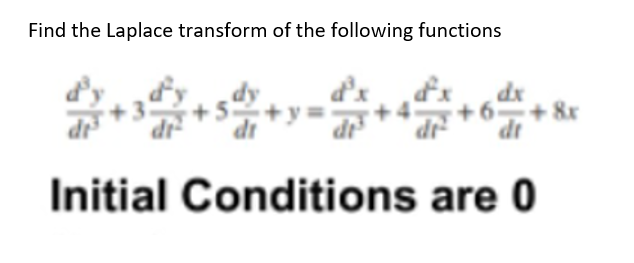 Find the Laplace transform of the following functions
dx
+ 6
+8x
dt
Initial Conditions are 0
