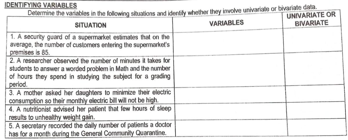 IDENTIFYING VARIABLES
Determine the variables in the following situations and identify whether they involve univariate or bivariate data.
UNIVARIATE OR
BIVARIATE
SITUATION
VARIABLES
1. A security guard of a supermarket estimates that on the
average, the number of customers entering the supermarket's
premises is 85.
2. A researcher observed the number of minutes it takes for
students to answer a worded problem in Math and the number
of hours they spend in studying the subject for a grading
period.
3. A mother asked her daughters to minimize their electric
consumption so their monthly electric bill will not be high.
4. A nutritionist advised her patient that few hours of sleep
results to unhealthy weight gain.
5. A secretary recorded the daily number of patients a doctor
has for a month during the General Community Quarantine.