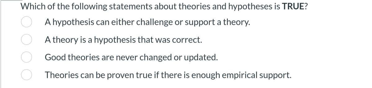 Which of the following statements about theories and hypotheses is TRUE?
A hypothesis can either challenge or support a theory.
A theory is a hypothesis that was correct.
Good theories are never changed or updated.
Theories can be proven true if there is enough empirical support.
