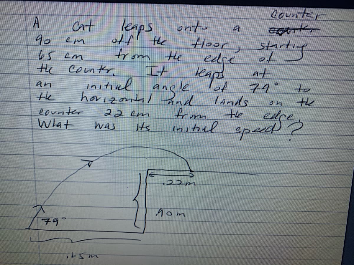 ibel specase.
A
cat leaps
90
os cm
Counter
onto
a
Hoor, startig
otf' the
trom Hhe
It
edré
of
kaps
initial angle
horizontsl hnd
the contr.
at
79°
to
the
edce
an
the
eounter
What
Lands
the
initel spec
on
22 em
its
was
うつm
1om
79°
