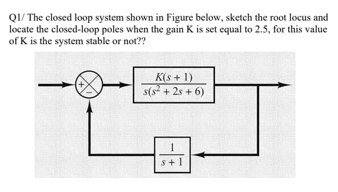 Q1/ The closed loop system shown in Figure below, sketch the root locus and
locate the closed-loop poles when the gain K is set equal to 2.5, for this value
of K is the system stable or not??
K(s + 1)
s(s2 + 2s + 6)
1
s + 1
