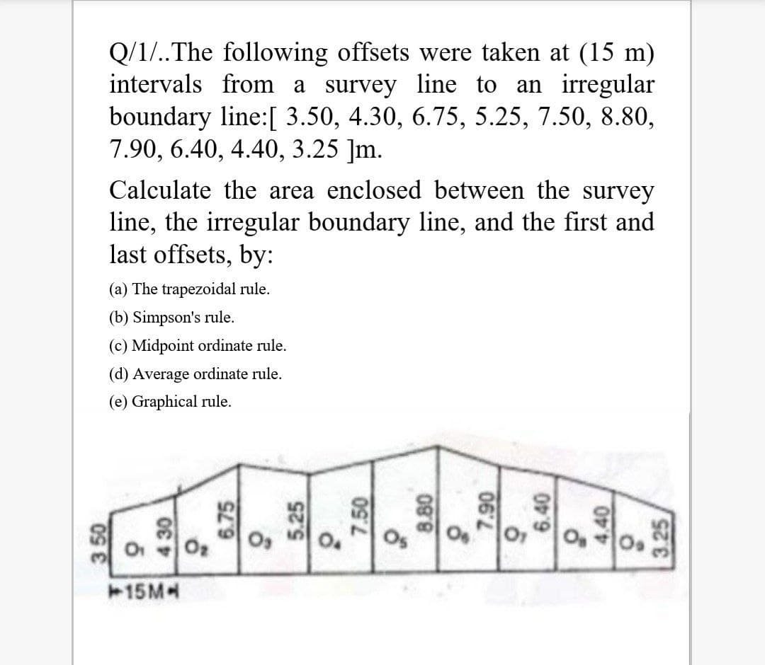 Q/1/..The following offsets were taken at (15 m)
intervals from a survey line to an irregular
boundary line:[ 3.50, 4.30, 6.75, 5.25, 7.50, 8.80,
7.90, 6.40, 4.40, 3.25 ]m.
Calculate the area enclosed between the survey
line, the irregular boundary line, and the first and
last offsets, by:
(a) The trapezoidal rule.
(b) Simpson's rule.
(c) Midpoint ordinate rule.
(d) Average ordinate rule.
(e) Graphical rule.
O2
15M
3 50
4 30
6.75
5.25
7.50
8.80
06
6.40
4.40
3.25
