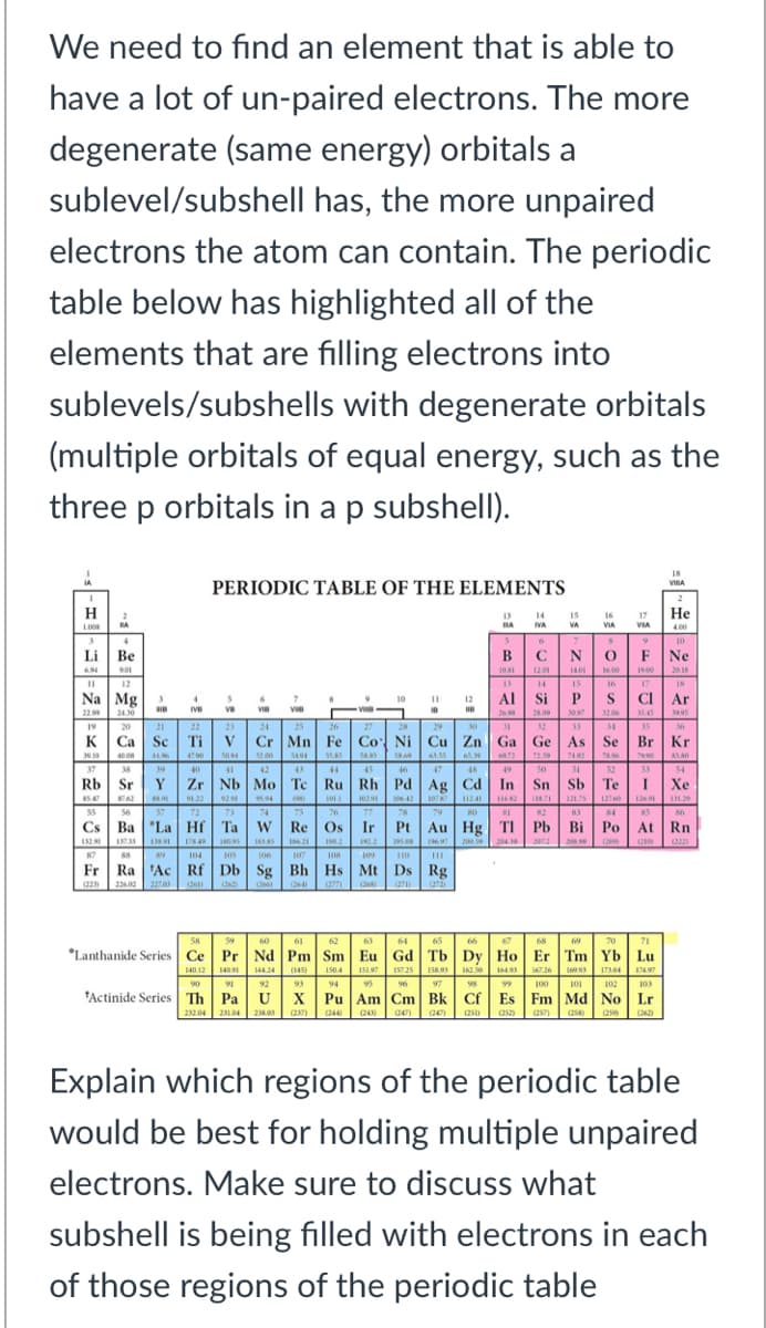 We need to find an element that is able to
have a lot of un-paired electrons. The more
degenerate (same energy) orbitals a
sublevel/subshell has, the more unpaired
electrons the atom can contain. The periodic
table below has highlighted all of the
elements that are filling electrons into
sublevels/subshells with degenerate orbitals
(multiple orbitals of equal energy, such as the
three p orbitals in a p subshell).
18
PERIODIC TABLE OF THE ELEMENTS
H
Не
NA
VA
VIA
CNO
140 .00 0 20.18
4 IS
Li Be
B
F Ne
Na Mg
22.99
12AI Si PSCIAr
10
19
K Ca Sc Ti v Cr Mn Fe Co Ni Cu Zn Ga Ge As Se Br Kr
53 54
Rb Sr Y Zr Nb Mo Te Ru Rh Pd Ag Cd In Sn Sb Te1 Xe
Cs Ba La Hf Ta w Re Os Ir Pt Au Hg TI Pb Bi Po At Rn
Fr Ra 'Ac Rf Db Sg Bh Hs Mt Ds Rg
*Lanthanide Series Ce Pr Nd Pm Sm Eu Gd Tb| Dy Ho Er Tm Yb Lu
14424 (145)
92
tActinide Series Th Pa U
15197 15725 158.93 162.50 16493
95 96 97 9 100 101 102 103
Pu Am Cm Bk| Cf Es Fm Md No Lr
140.12 140
150.4
17497
93
94
X
232.04 2104 2.05
(237)
(244
Explain which regions of the periodic table
would be best for holding multiple unpaired
electrons. Make sure to discuss what
subshell is being filled with electrons in each
of those regions of the periodic table

