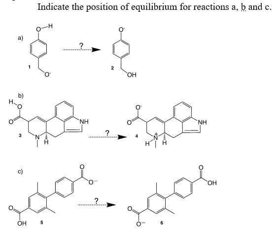 Indicate the position of equilibrium for reactions a, b and c.
a)
2
HO,
b)
NH
H.
?
c)
HO.
?
OH
5
