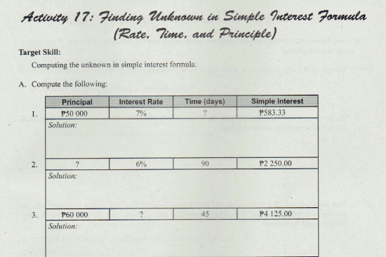 Activity 17: Finding Unknown in Simple Interest Formula
(Rate, Time, and Principle)
Target Skill:
Computing the unknown in simple interest formula.
A. Compute the following:
Principal
1.
Interest Rate
Time (days)
Simple Interest
P50 000
7%
?
P583.33
Solution:
2.
6%
90
P2 250.00
Solution:
3.
P60 000
45
P4 125.00
Solution:
