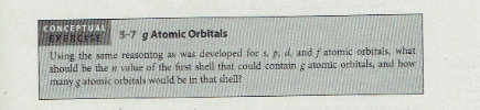 CONCEPTUAL
EXERCASE
Using the same reasontng as was developed for s. p. d. and j atomic orbitals, what
should be the n value of the first shell that could contain g atomic orbitals, and how
many gatomic orbitals would be in that shell?
5-7 g Atomic Orbitals
