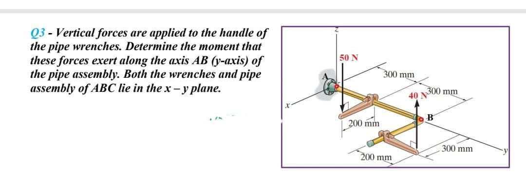 Q3 - Vertical forces are applied to the handle of
the pipe wrenches. Determine the moment that
these forces exert along the axis AB (y-axis) of
the pipe assembly. Both the wrenches and pipe
assembly of ABC lie in the x - y plane.
50 N
300 mm
40 N300 mm
B
200 mm
300 mm
200 mm
