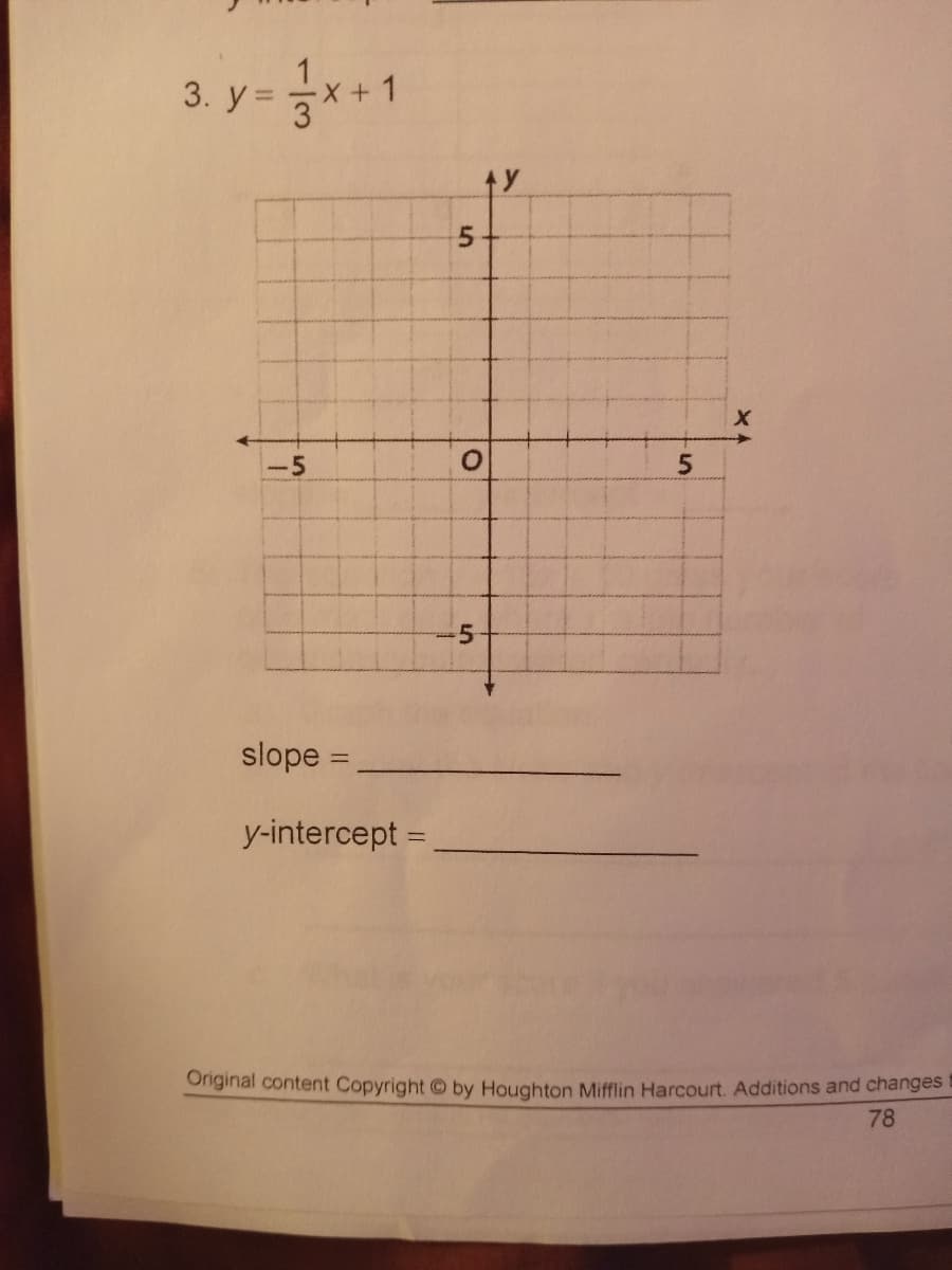 3. y-공x+1
-5
-5
slope =
y-intercept =
Oiginal content Copyright by Houghton Mifflin Harcourt. Additions and changes
78
