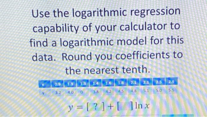 Use the logarithmic regression
capability of your calculator to
find a logarithmic model for this
data. Round you coefficients to
the nearest tenth.
0.9 13 13 14 1.6 18
2.1 2.1 2.5 2.9
3.2 4.0 0 3.8 4.24.5 4.8 5.1 5.0 5.5
y = [ ? ] + [ ]ln x
