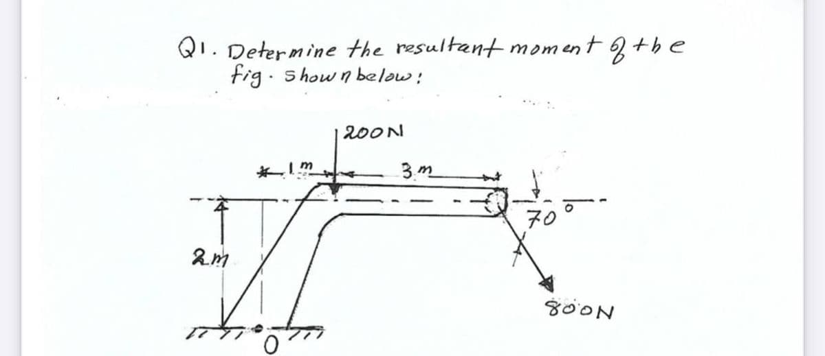 Qi. Determine the resultant moment +be
fig. show n below:
200N
3 m
70
80ON
0.
